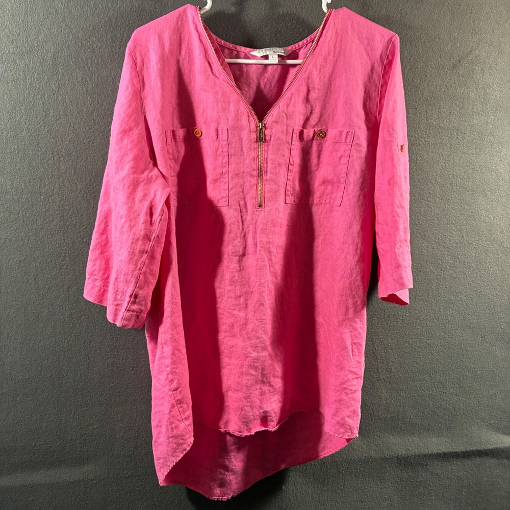 Ellen Tracy women linen Tunic Top large Pink vacation resort beach tropical